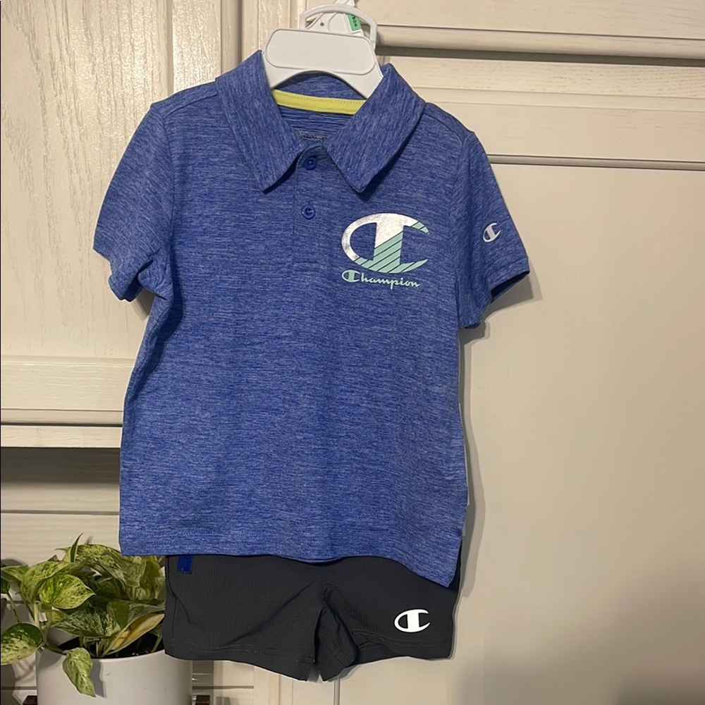 Champion Boys Polo Shirt and Shorts 2-Piece Outfit Set Blue Grey 12-18 Months